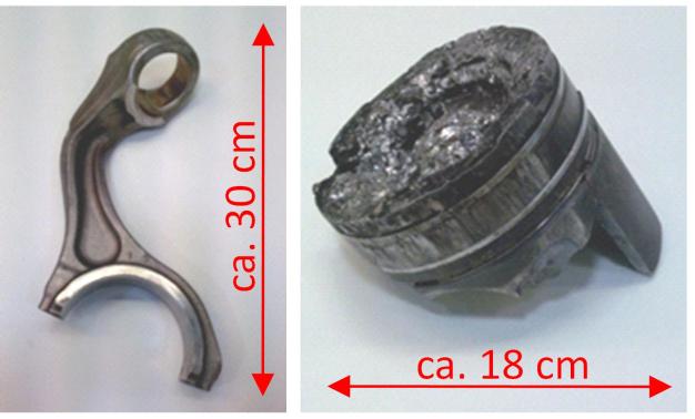 Bild 8: Beschädigter Pleuel (links) und Zylinder
(rechts). Versagensursache war eine Dauereinspritzung verursacht durch einen Partikel im
Grössenbereich von wenigen Mikrometern.