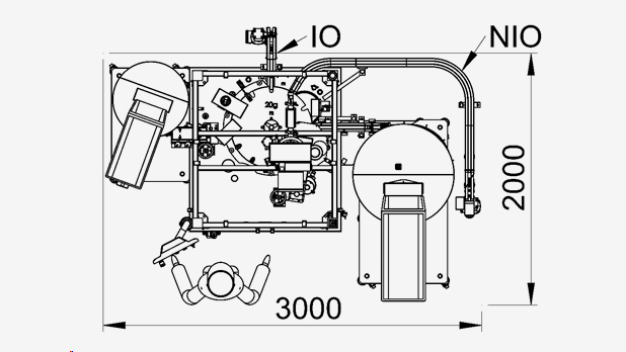 Abbildung 1 - Kompakter Vollautomat im Reinraum - Gutflaschen (IO) werden zur Sekundärverpackung gefördert. Schlechtflaschen (NIO) verbleiben zur Inspektion im Abfüllraum