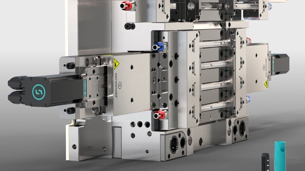 Die neue, µm-genaue SLY Kernzugeinheit, hier komplett montiert  © Servomold / The new, µm-precise SLY core puller, shown here fully assembled © Servomold