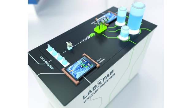 Der für die Pharmaindustrie typische Chromatografie-Block zeigt, wie sich die gesamte Prozesskette vom Labor bis zur Fabrik skalieren lässt. (Quelle: Bürkert Fluid Control Systems)