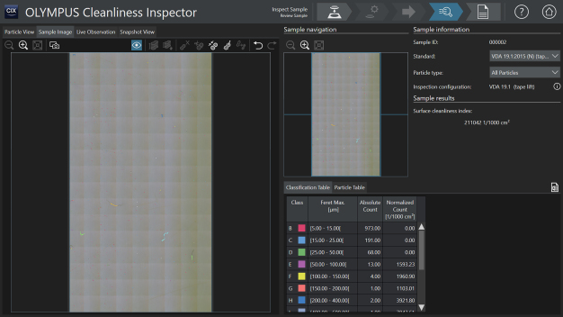 Abbildung 6.b: Die Software des OLYMPUS CIX100 System ermöglicht die Partikelanalyse einer Klebestreifenprobe nach Erfassung eines rechteckigen Inspektionsbereichs.