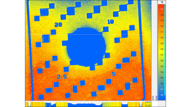 Beispiel-Wärmebildaufnahme eines per Vakuumsauger gehaltenen beheizten Testsubstrats des Fraunhofer IPMS. © Fraunhofer IPMS / Example thermal image of a heated test substrate held by a vacuum suction cup from Fraunhofer IPMS. © Fraunhofer IPMS