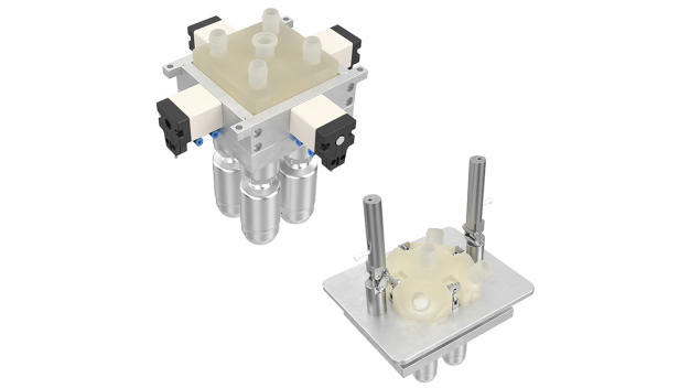 Links: Antriebseinheit mit pneumatischer Verriegelung (PSUA) mit GEMÜ Single-Use M-Block (KSUBA); Rechts: Antriebseinheit mit manueller Verriegelung per Handhebel (PSUH) mit GEMÜ Single-Use M-Block (KSUBH) / On the left: Actuator unit with pneumatic locking device (PSUA) with GEMÜ single-use M-block (KSUBA); On the right: Actuator unit with manual locking device via hand lever (PSUH) with GEMÜ single-use M-block (KSUBH) Links: Antriebseinheit mit pneumatischer Verriegelung (PSUA) mit GEMÜ Single-Use M-Block (KSUBA); Rechts: Antriebseinheit mit manueller Verriegelung per Handhebel (PSUH) mit GEMÜ Single-Use M-Block (KSUBH) / On the left: Actuator unit with pneumatic locking device (PSUA) with GEMÜ single-use M-block (KSUBA); On the right: Actuator unit with manual locking device via hand lever (PSUH) with GEMÜ single-use M-block (KSUBH)