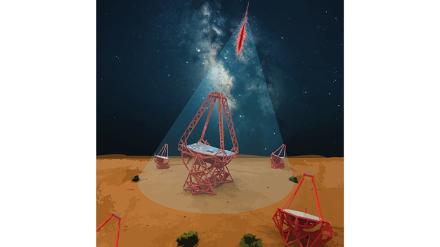 Abb. 1: Visualisierung der H.E.S.S.-Teleskopanordnung zur Erfassung der Teilchenschauer, die von hochenergetischen kosmischen Elektronen und Positronen sowie von Gammastrahlen erzeugt werden. © MPIK/H.E.S.S. Collaboration / Fig. 1: Visualisation of the H.E.S.S. telescope array capturing the showers of particles produced by high-energy cosmic electrons and positrons, as well as gamma rays. © MPIK/H.E.S.S. Collaboration 