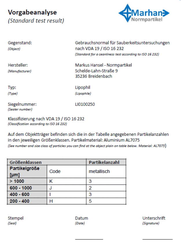 Die Vorgabeanalyse gibt die genaue Anzahl und Größenverteilung der Testpartikel auf dem Gebrauchsnormal an.